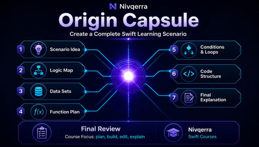 Nivqerra Origin Capsule diagram with steps for creating a Swift learning scenario on a dark background.