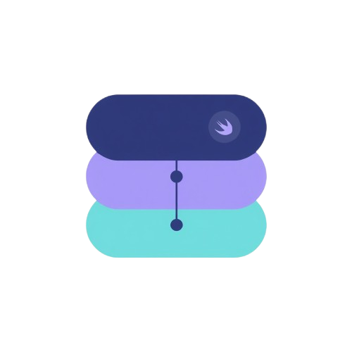 Gradient icon with three rounded rectangular shapes in blue, purple, and green on a white background.