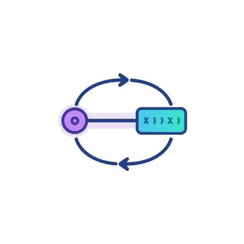 Icon of a purple circle with a blue rectangle containing 'x > x >' text, connected by arrows on a white background.