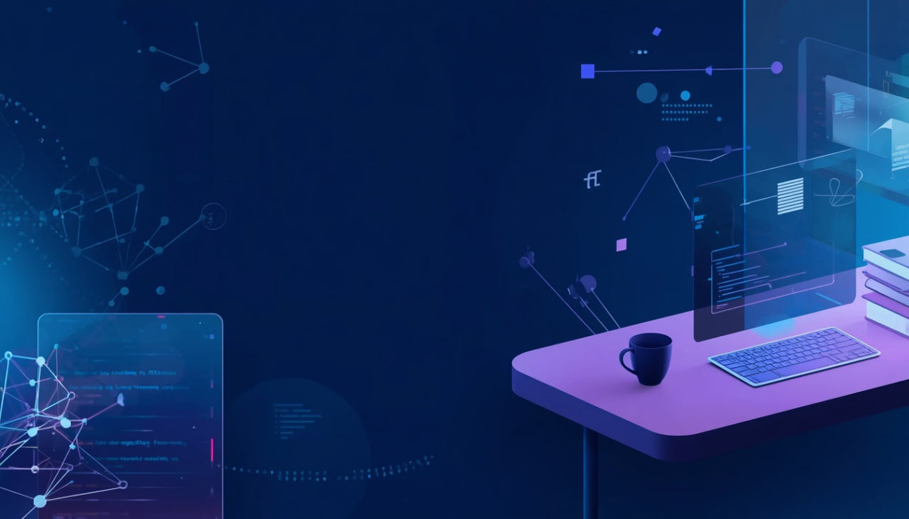 Modern office desk with digital elements and a dark blue background