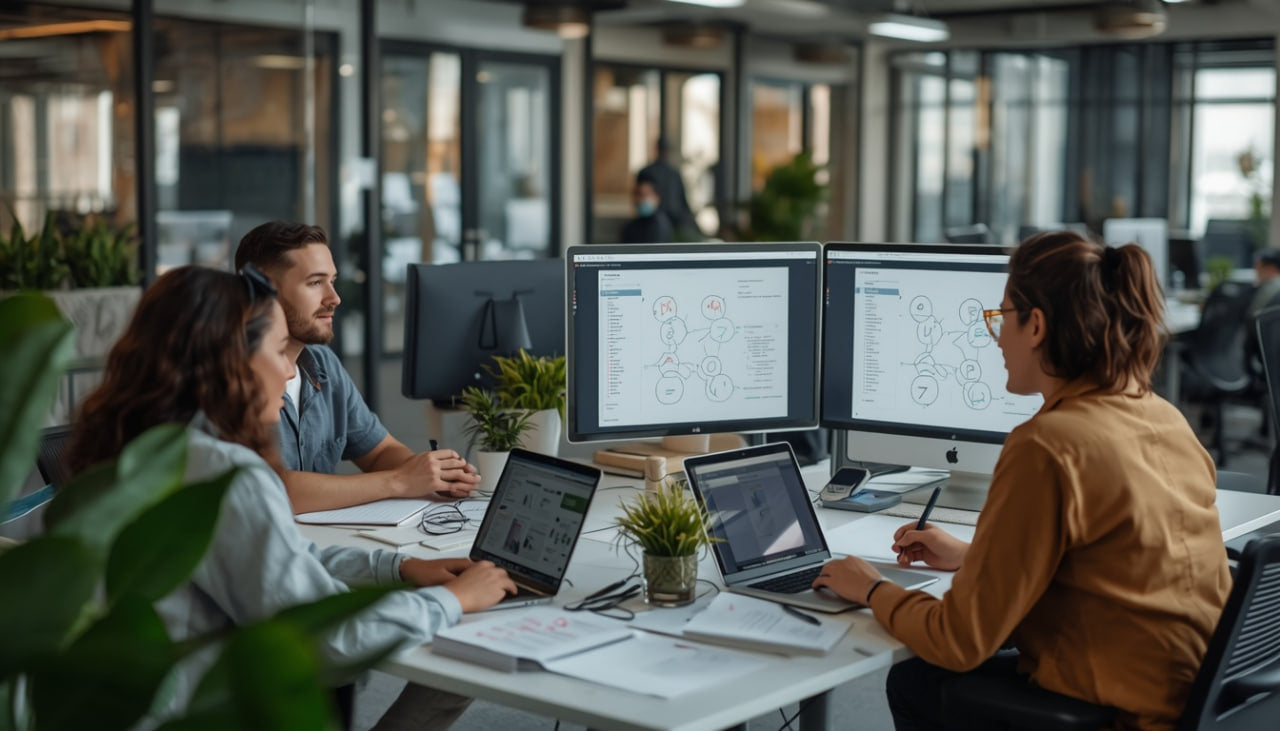 Three people working at a desk with multiple computers in an office setting.