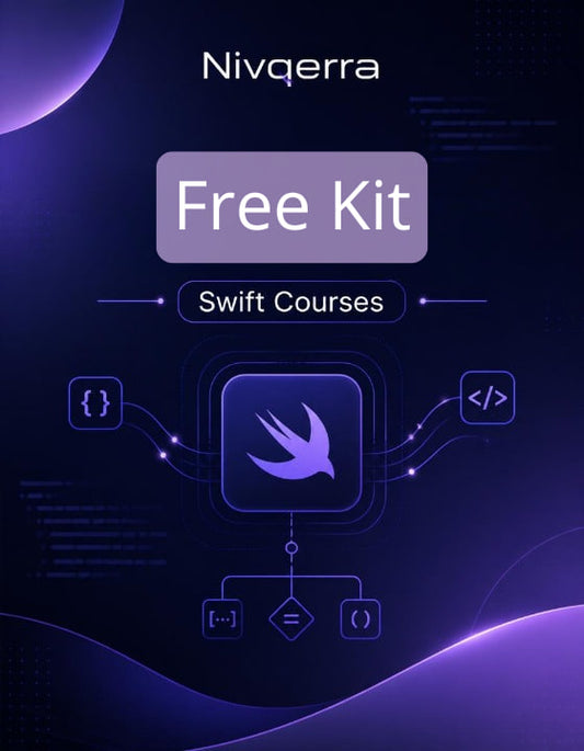 Nivqerra Swift Courses poster with code elements and Nivqerra logo on a dark background