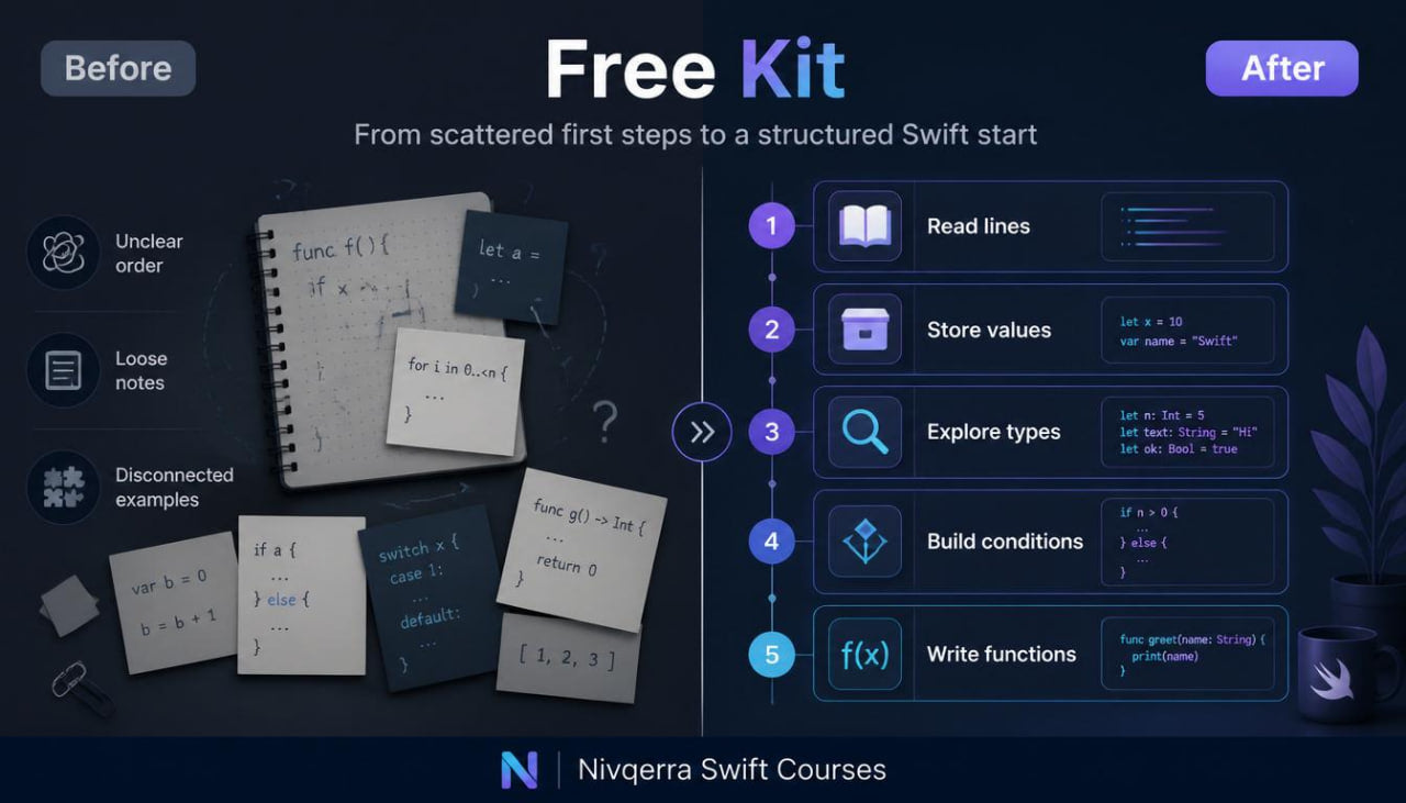 Before and after comparison of Swift code organization with Nivgera Swift Courses branding.
