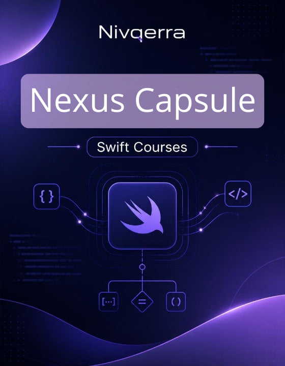 Nivqerra Nexus Capsule Swift Courses with programming symbols on a dark background