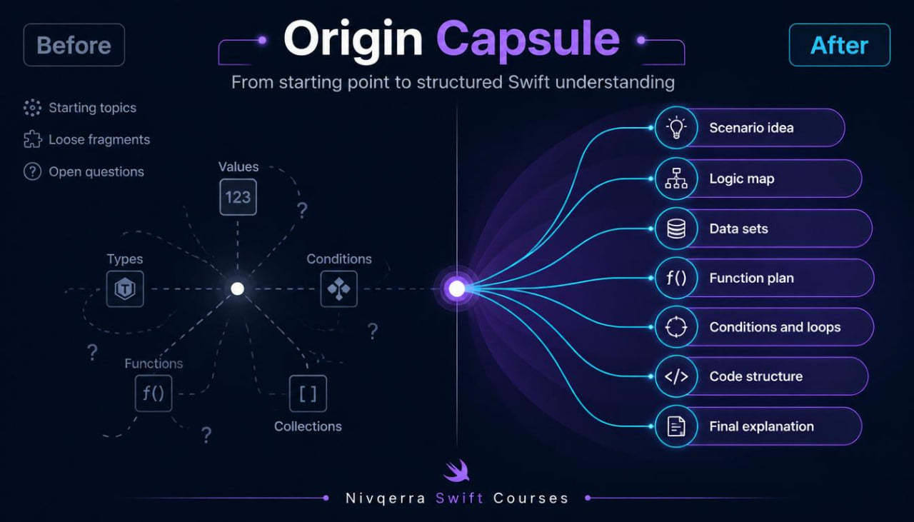 Diagram showing the process of understanding Swift from a starting point to structured understanding, with 'Origin Capsule' branding.