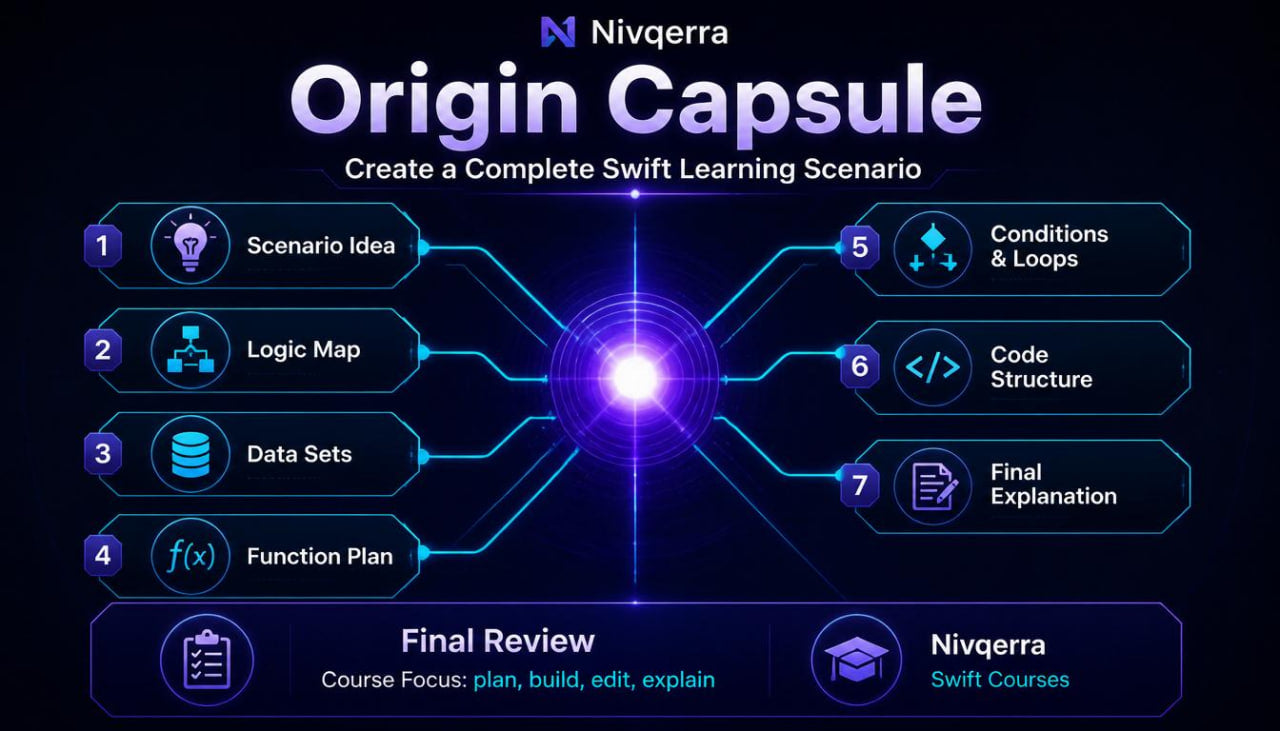 Nivqerra Origin Capsule diagram with steps for creating a Swift learning scenario on a dark background.